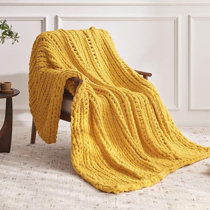 Chunky Knit Throw Blanket, Handmade Yellow Crochet Big Thick Blanket, Machine - Image 2