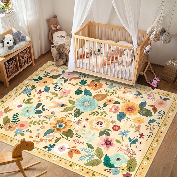 RELEANY Floral Nursery 6x9 Area Rugs Washable Print Boho Cute Carpet Non Slip - Image 2