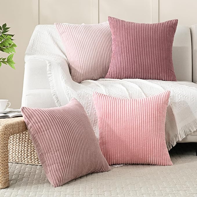 Volcanics Set of 4 Pink Corduroy Decorative Couch Throw Pillow Covers 18x18 Inch - Image 5
