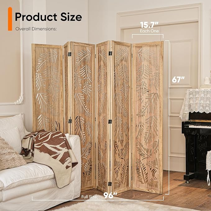 Boho Room Divider with Feather Carving, 6-Panel Openwork Wood Screen, - Image 2