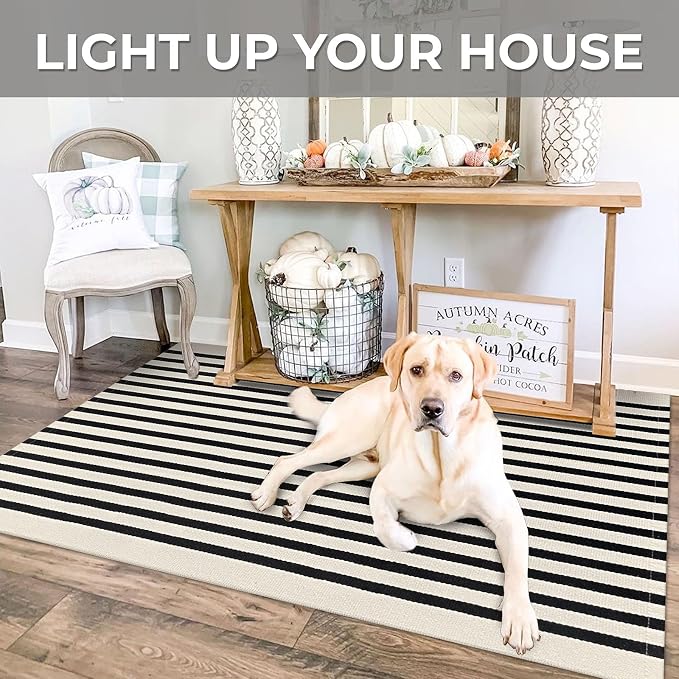 IOHOUZE Black Beige Striped Rug -3'x5' Front Door Rugs Outdoor, Washable Area - Image 4