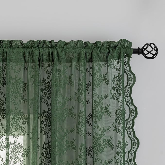 YJ YANJUN Vintage Lace Curtains 96 Inches Long-Victorian Floral Green Sheer - Image 2