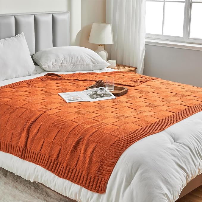CozeCube Check Knit Throw Blanket, Rust Orange Checkered Throw - Image 6