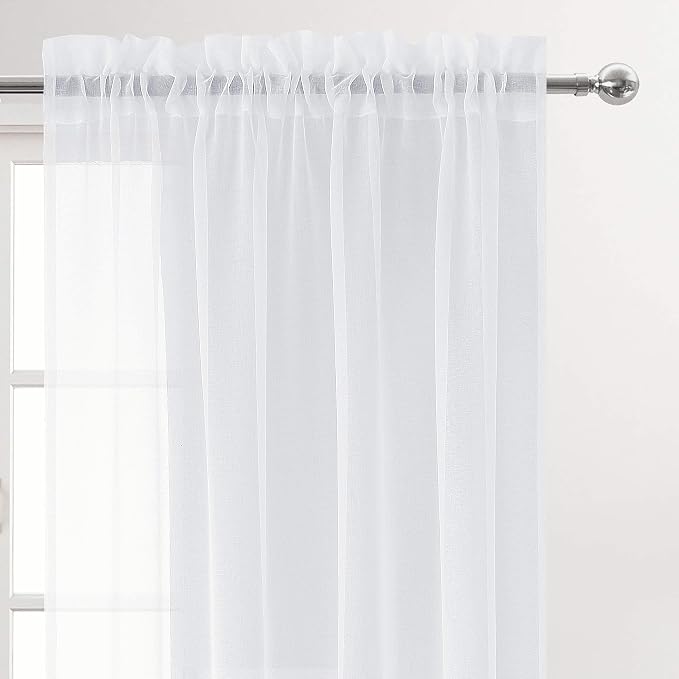 DWCN White Sheer Curtains 96 inch Length 2 Panels Set, Elegant Rod Pocket Solid - Image 2