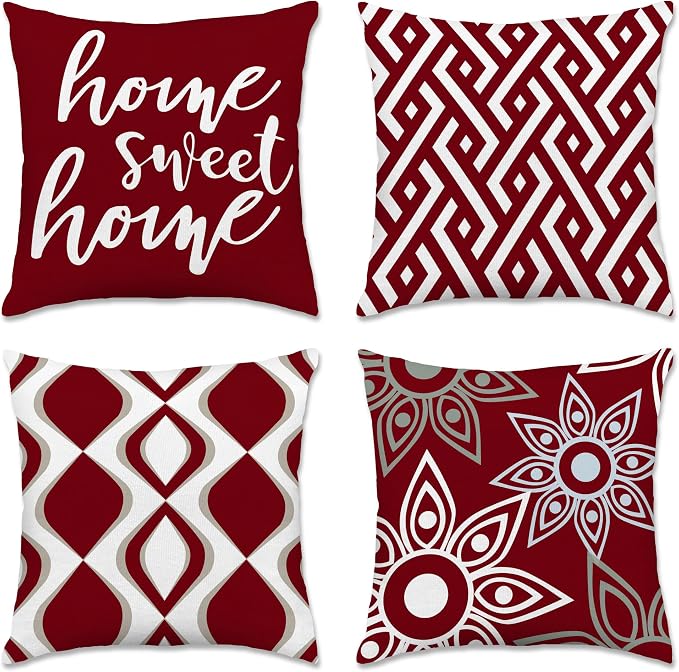 Hexagram Burgundy Geometric Pillow Covers 18x18 Set of 4, Decorative Outdoor by Hexagram