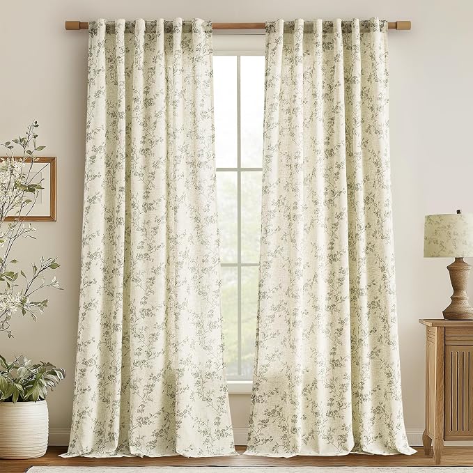 jinchan Linen Floral Curtains for Living Room 96 Inch Length Sage Green Printed by JINCHAN