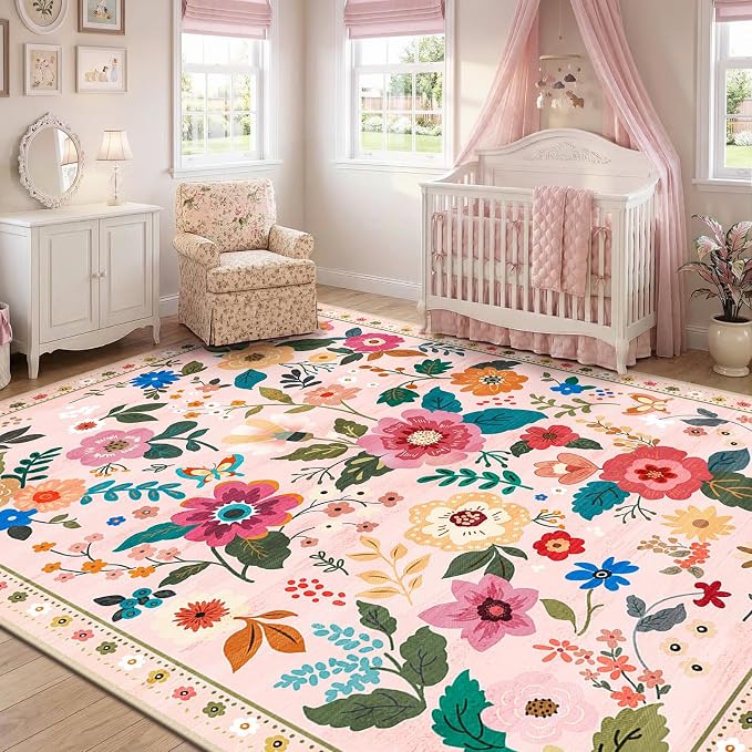 RELEANY Floral Nursery 8x10 Area Rugs Washable Print Boho Cute Carpet Non Slip - Image 6