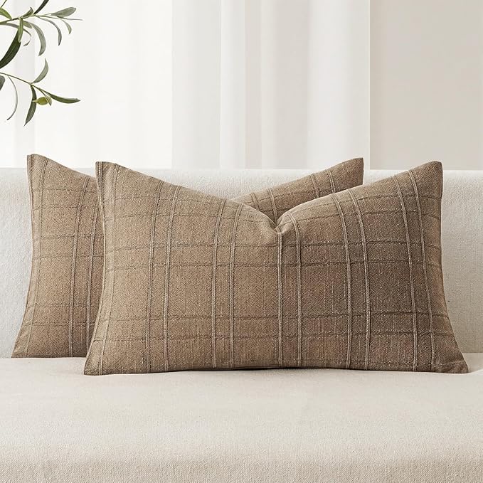 MIULEE Decorative Linen Check Lumar Throw Pillow Covers Neutral Farmhouse by MIULEE