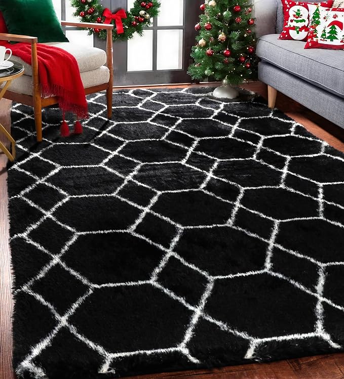 ONASAR 5x7 Area Rugs for Living Room Bedroom, Fluffy Black and White Rug - Image 5
