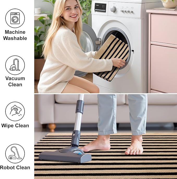 OLANLY Brown and Black Striped Rug 3' x 5' – Washable Cotton Doormat - Image 2