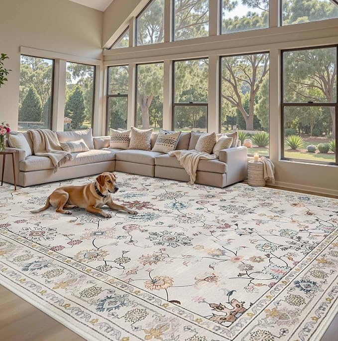 Rugxara 9x12 Rugs for Living Room & Bedroom, Floral Washable Rug, Boho Area Rug - Image 2
