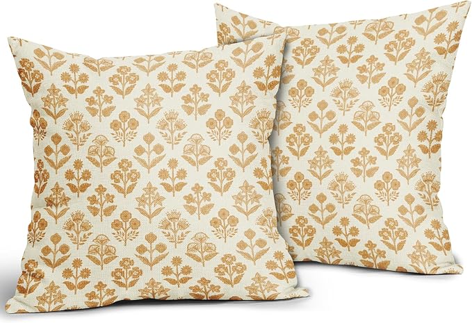 Mustard Yellow Floral Pillow Covers 16x16 Inch Set of 2, Vintage Flower Block - Image 2