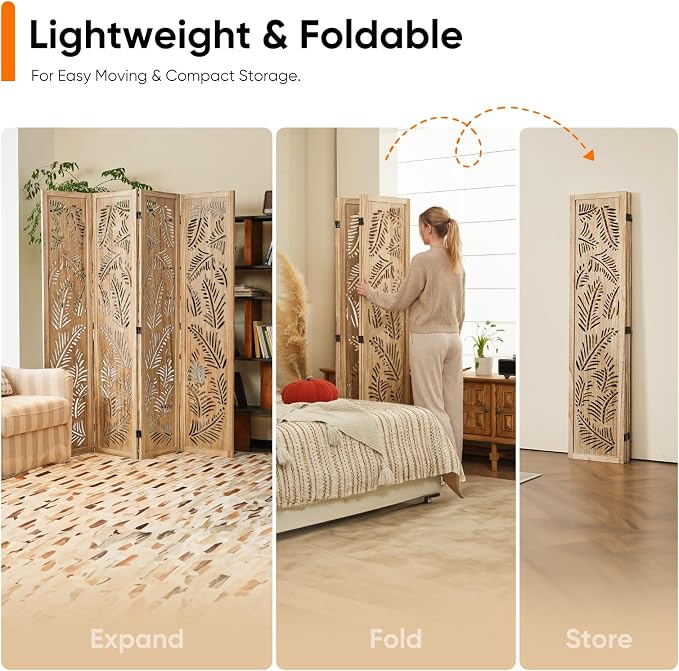 Boho Room Divider with Feather Carving, 4-Panel Openwork Wood Screen, - Image 6