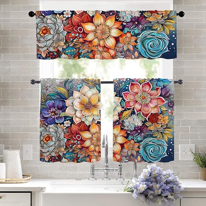 Boho Flower Kitchen Curtains Colorful Oil Painting Flowers Design - Image 2