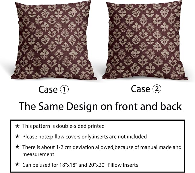 Burgundy Red Floral Block Print Pillow Covers 20x20 Inch Set of 2, Vintage - Image 6