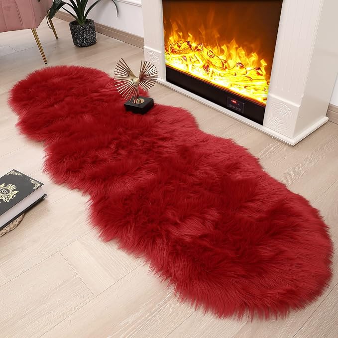 Faux Fur Rug 2 x 6 ft Red Shaggy Sheepskin Machine Washable Fuzzy Area Rug by CKLZSAY