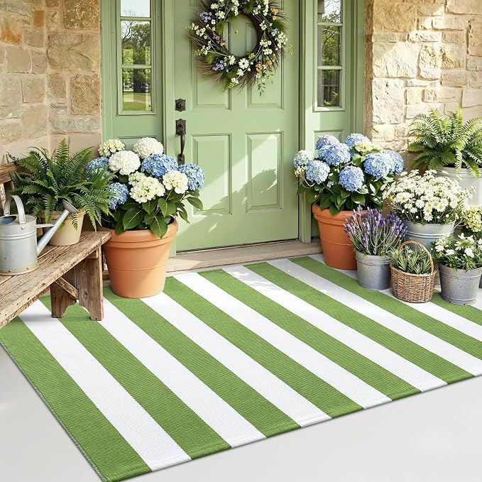 OLANLY Green and White Striped Rug 2' x 3' – Washable Cotton Indoor Outdoor - Image 8