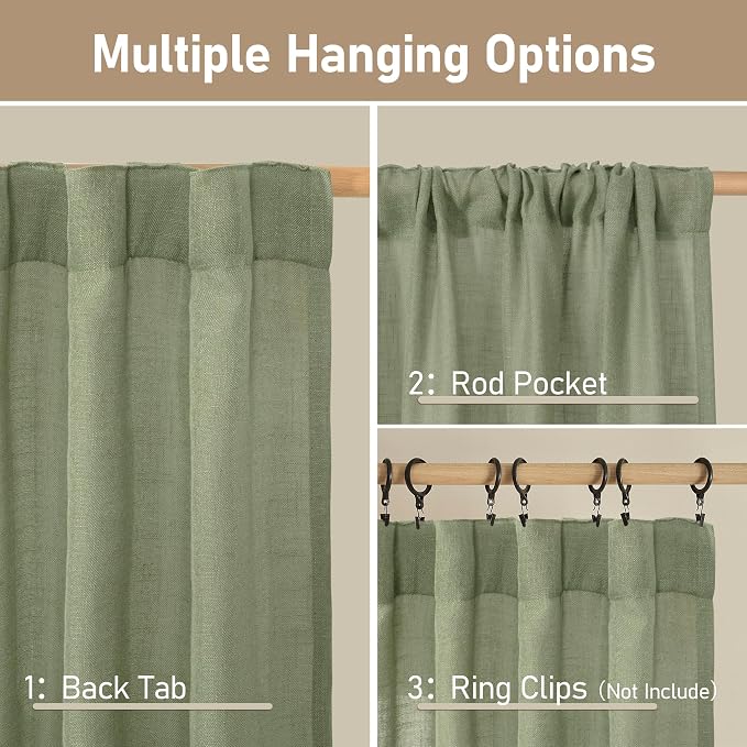 LAMIT Kitchen Linen Curtains 40 Inch Length 2 Panels, Sage Green Semi Sheer - Image 3