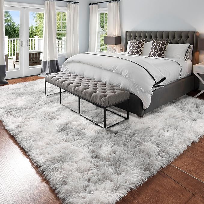 Amdrebio Tie-Dyed Light Grey Large Living Room Rugs 6x9, Furry Shag Area Rug - Image 3