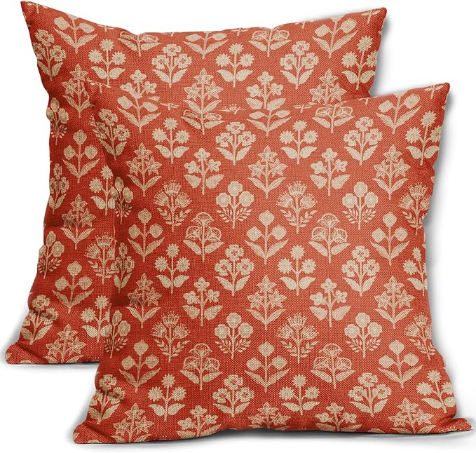 Dark Orange Floral Pillow Covers 22x22 Inch Set of 2, Vintage Flower Block by Sivirary