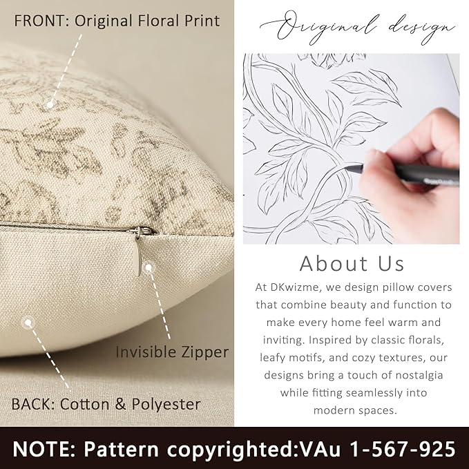 Vintage Floral Print Throw Pillow Covers 22x22 Set of 2 Neutral Modern - Image 3