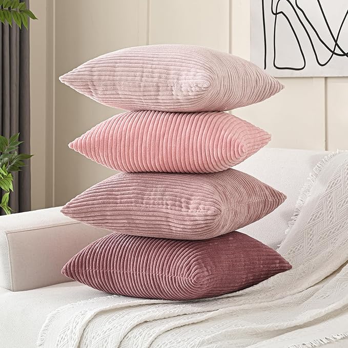 Volcanics Set of 4 Pink Corduroy Decorative Couch Throw Pillow Covers 20x20 Inch - Image 2
