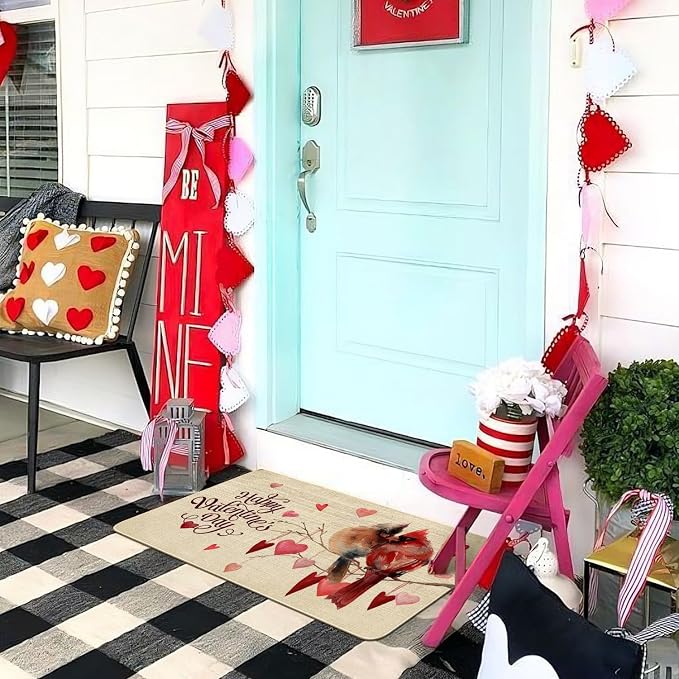 Valentines Day Door Mat, Cardinal Birds Love Hearts Indoor Outdoor Non-Slip - Image 2