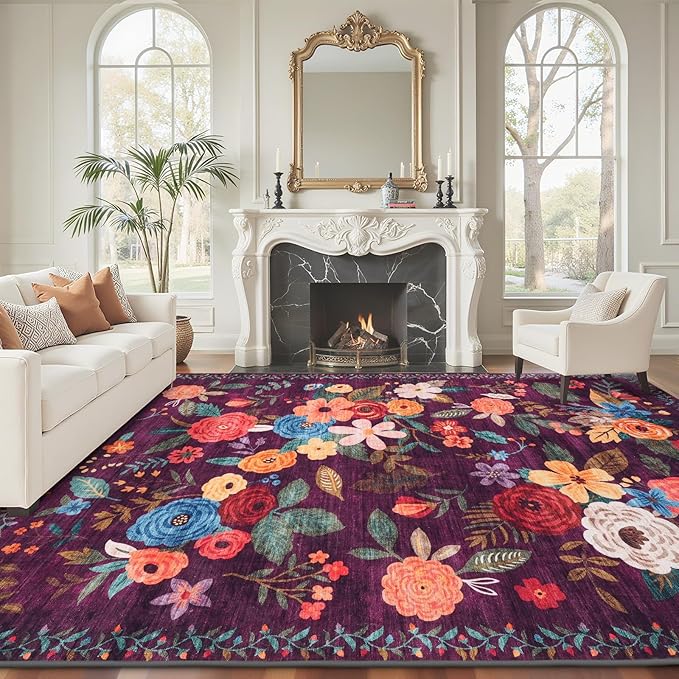 Area Rugs 9x12 Living Room Washable Rug Non Slip Floral Low Pile Large Rug by WelcometoBabovid