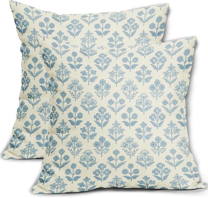 Light Blue Floral Pillow Covers 24x24 Inch Set of 2, Vintage Flower Block Print by Sivirary