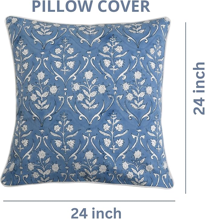 Ridhi Block Print Cornflower Blue Pillow Cover 24" x 24" Decorative Couch - Image 4
