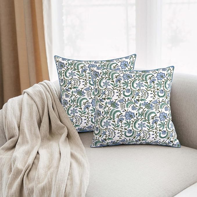 Ridhi Block Print Columbia Blue Pillow Cover 18" x 18" Decorative Couch Pillows - Image 2