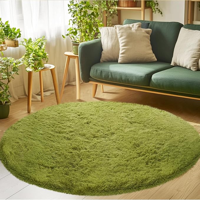 CAIYUECS Green Round Rug for Bedroom: 4x4Feet Soft and Fluffy Area Rug for - Image 3