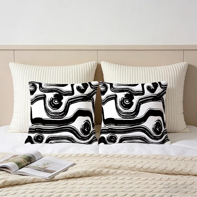 Abstract Black and White Brush Stroke Throw Pillow Covers 18x18 Set of 2 - Image 5