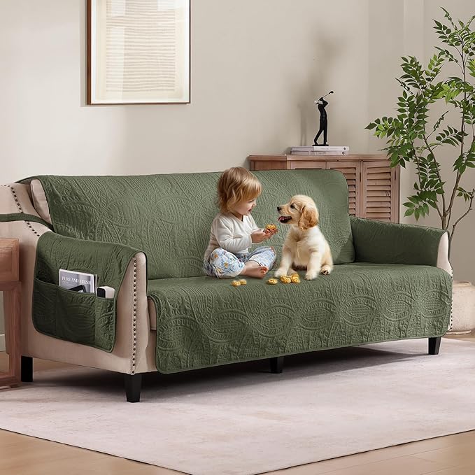 Olive Green Quilted Couch Cover by Pamhaven