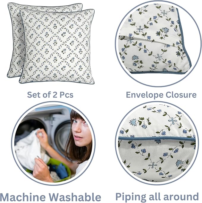 Ridhi Block Print Powder Blue Pillow Cover 16" x 16" Decorative Couch Pillows - Image 3
