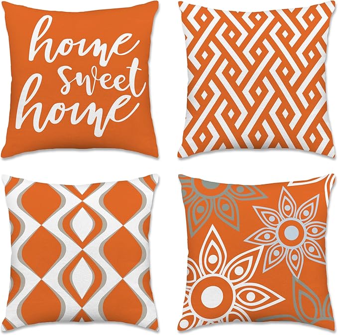 Hexagram Orange Geometric Pillow Covers 18x18 Set of 4, Decorative Outdoor by Hexagram