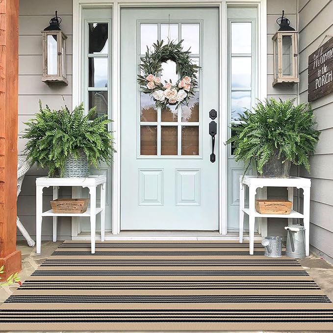 IOHOUZE Black and Tan Striped Rug 4'x6' Front Door Rugs Outdoor, Washable Area by iOhouze