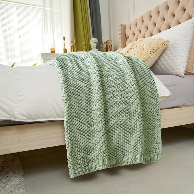Chunky Cable Knit Throw Blanket Lightweight Light Green 100% Organic Cotton - Image 6
