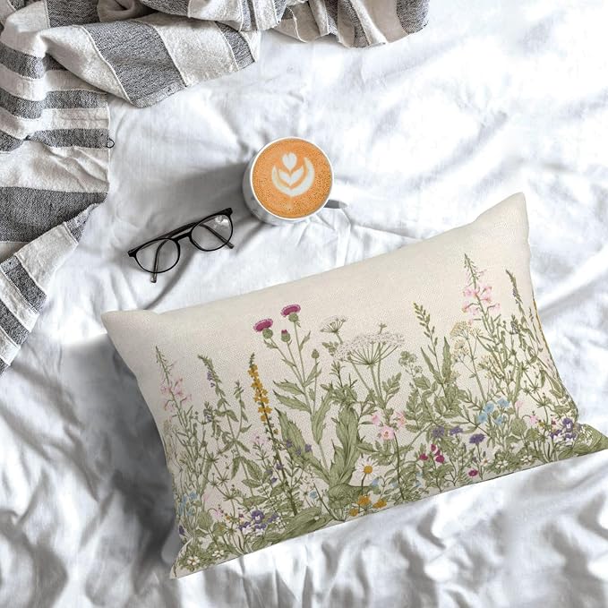 AEIOAE Sage Green Pillow Covers 12x20 Inch Set of 2, Spring Wildflower Plant - Image 3