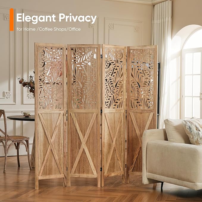 Boho Room Divider with Leaves Carving, 4-Panel Openwork Wood Screen, Decorative - Image 5