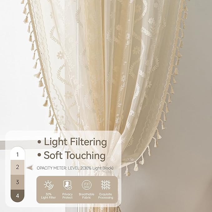 WAZZIO Boho Lace Curtains 2 Panels 54 Inches -Cute Vintage Victorian Sheer - Image 5