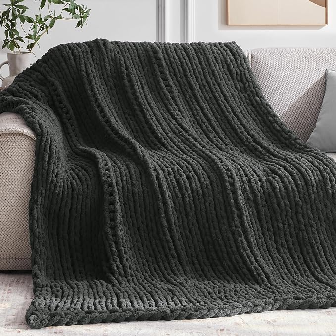 Negwoo Chunky Knit Throw Blanket, Handmade Dark Grey Crochet Big Thick Blanket by Unknown