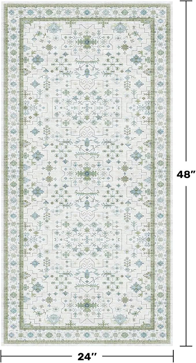 Cream Green and Blue 2x4 Boho Bathroom Rug - Image 2