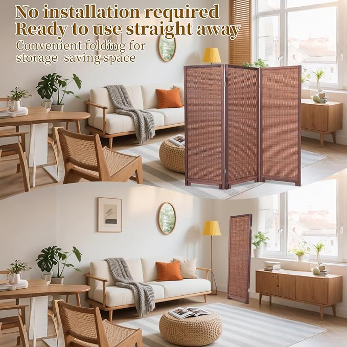 Bamboo Room Divider Panel with 360°Rotating Feet, 3 Panel 47" H Short Folding - Image 4