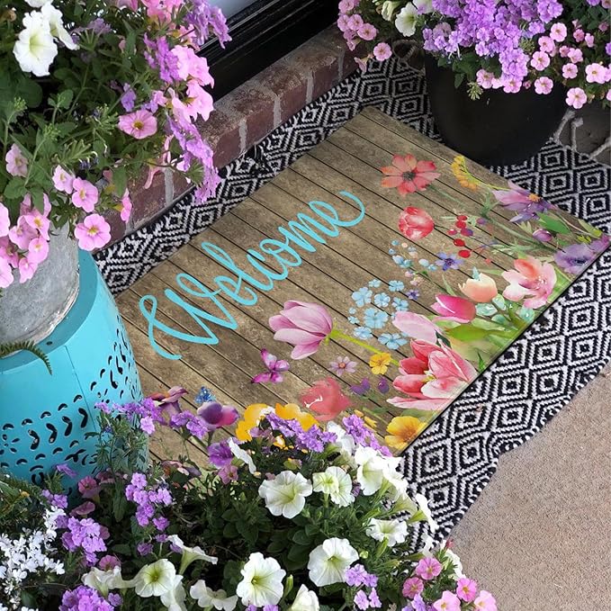 Spring Summer Door Mat, Colorful Flower Watercolor Floral Indoor Outdoor - Image 4