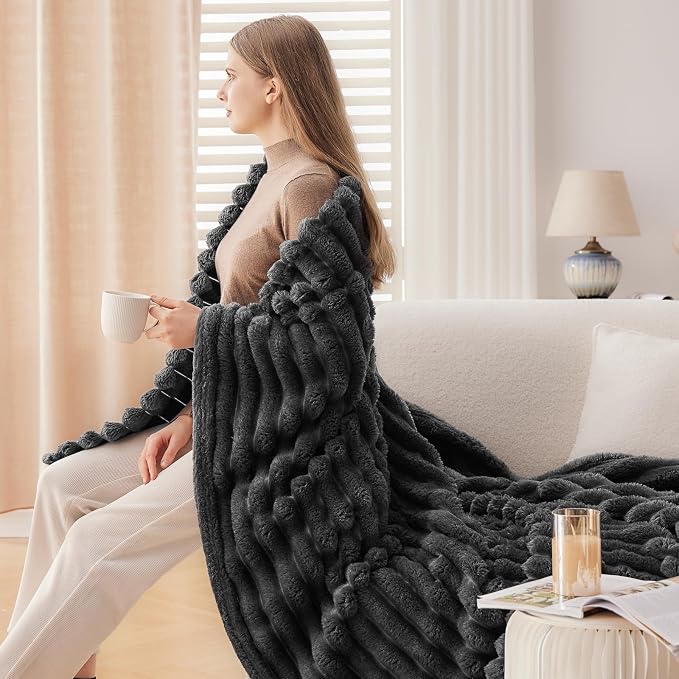 NEWCOSPLAY Super Soft Queen Blanket Grey Premium Silky Flannel Fleece 3D Ribbed - Image 6
