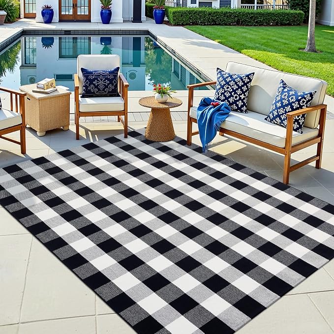 OLANLY Buffalo Plaid Rug 5' x 7' – Black and White Cotton Checkered Doormat - Image 8