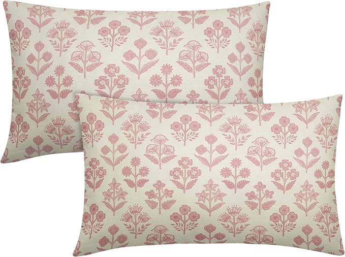Pink Floral Pillow Covers 12x20 Inch Set of 2, Block Print Lumbar Flower Cream by Sivirary
