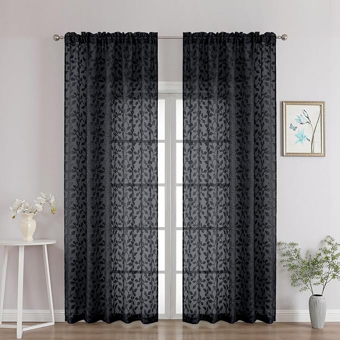 Chyhomenyc Black Sheer Curtains 90 Inch Length 2 Panels Set, Light Filtering by Chyhomenyc