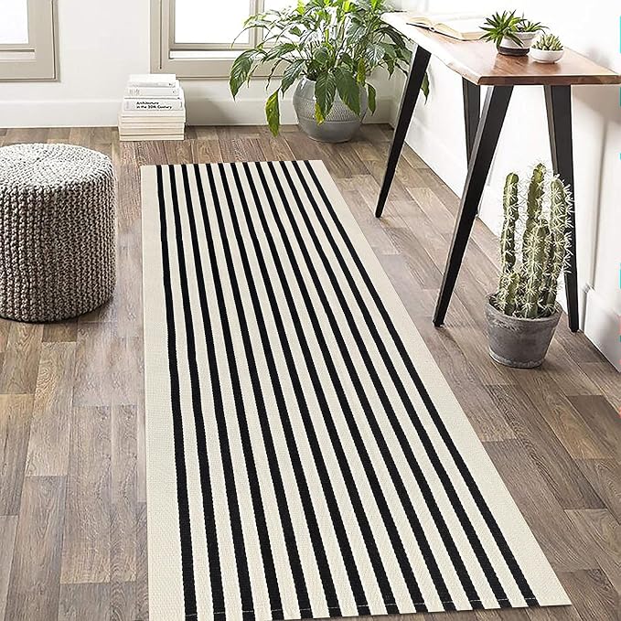 KOZYFLY Black and Beige Striped Porch Rug 2x4.3 Ft Washable Outdoor Rug - Image 2